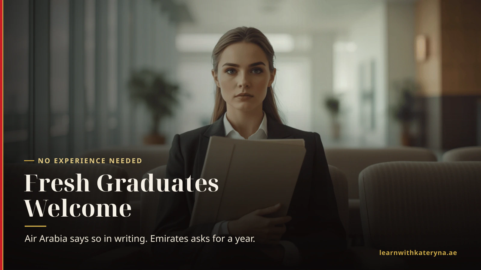 A young woman in business attire waiting with a document folder before an interview — applying to Air Arabia cabin crew without experience
