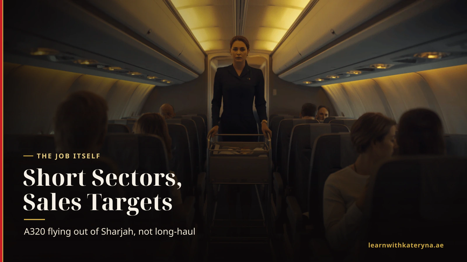Flight attendant with a service trolley in a single-aisle aircraft cabin — Air Arabia short-haul cabin crew work