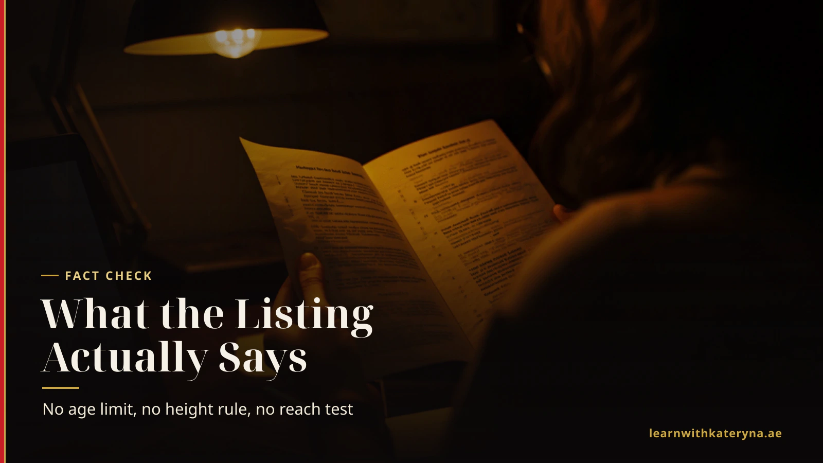 A woman reading a printed job listing under a desk lamp — what the Air Arabia cabin crew listing actually requires