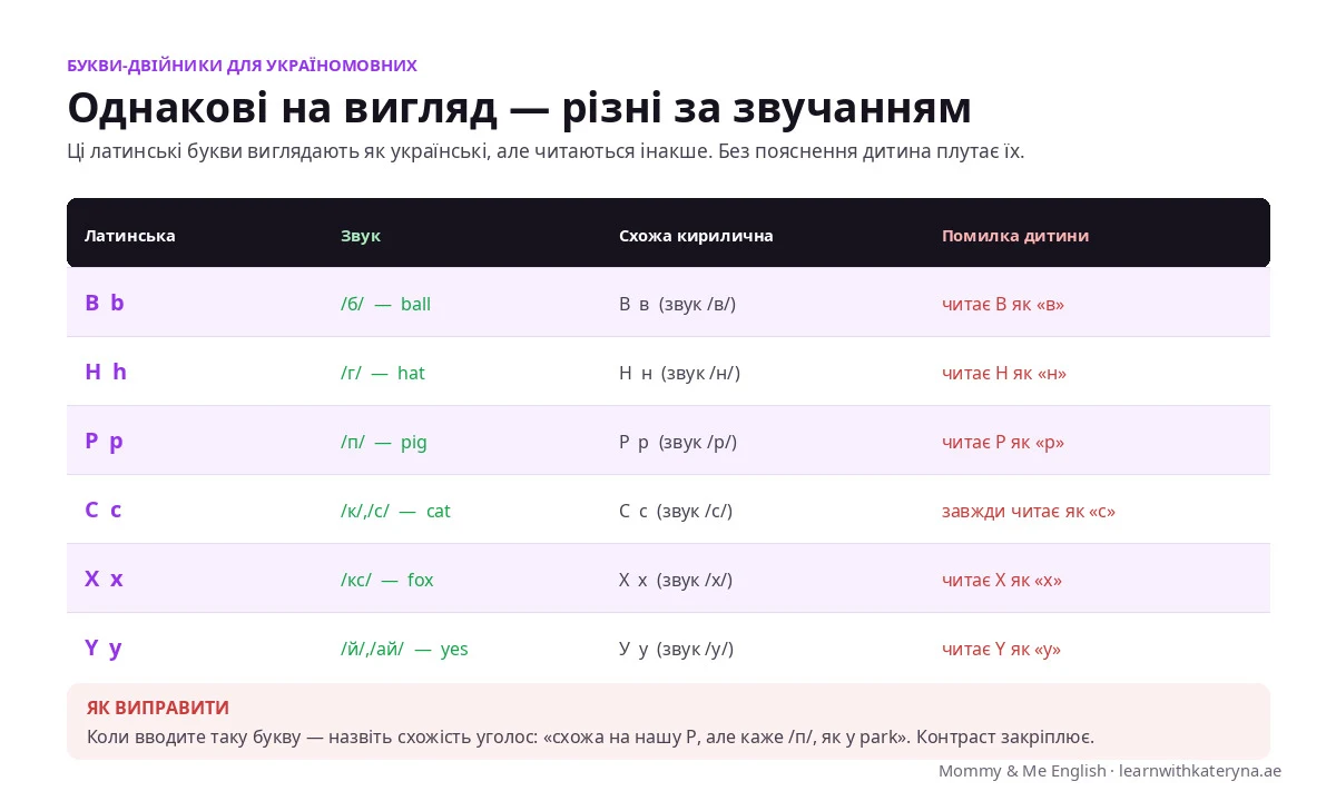Букви-двійники: англійські та українські літери, що виглядають однаково, але читаються по-різному — B, H, P, C, X, Y