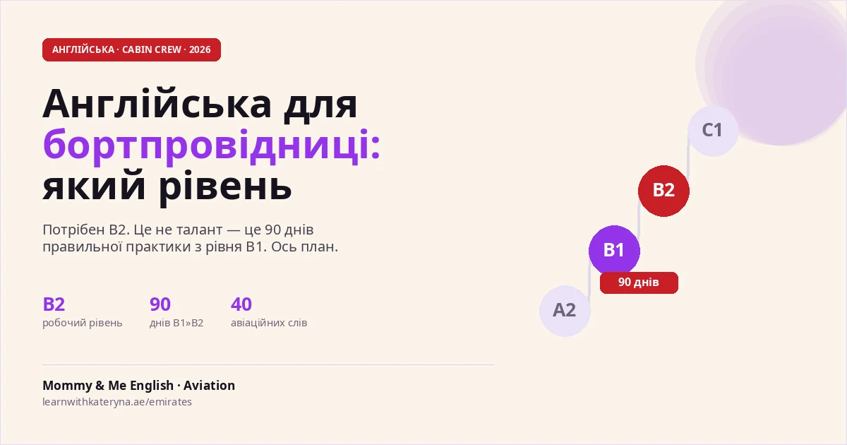Англійська для бортпровідниці — потрібен рівень B2, 90-денний план від B1 до B2, гід 2026