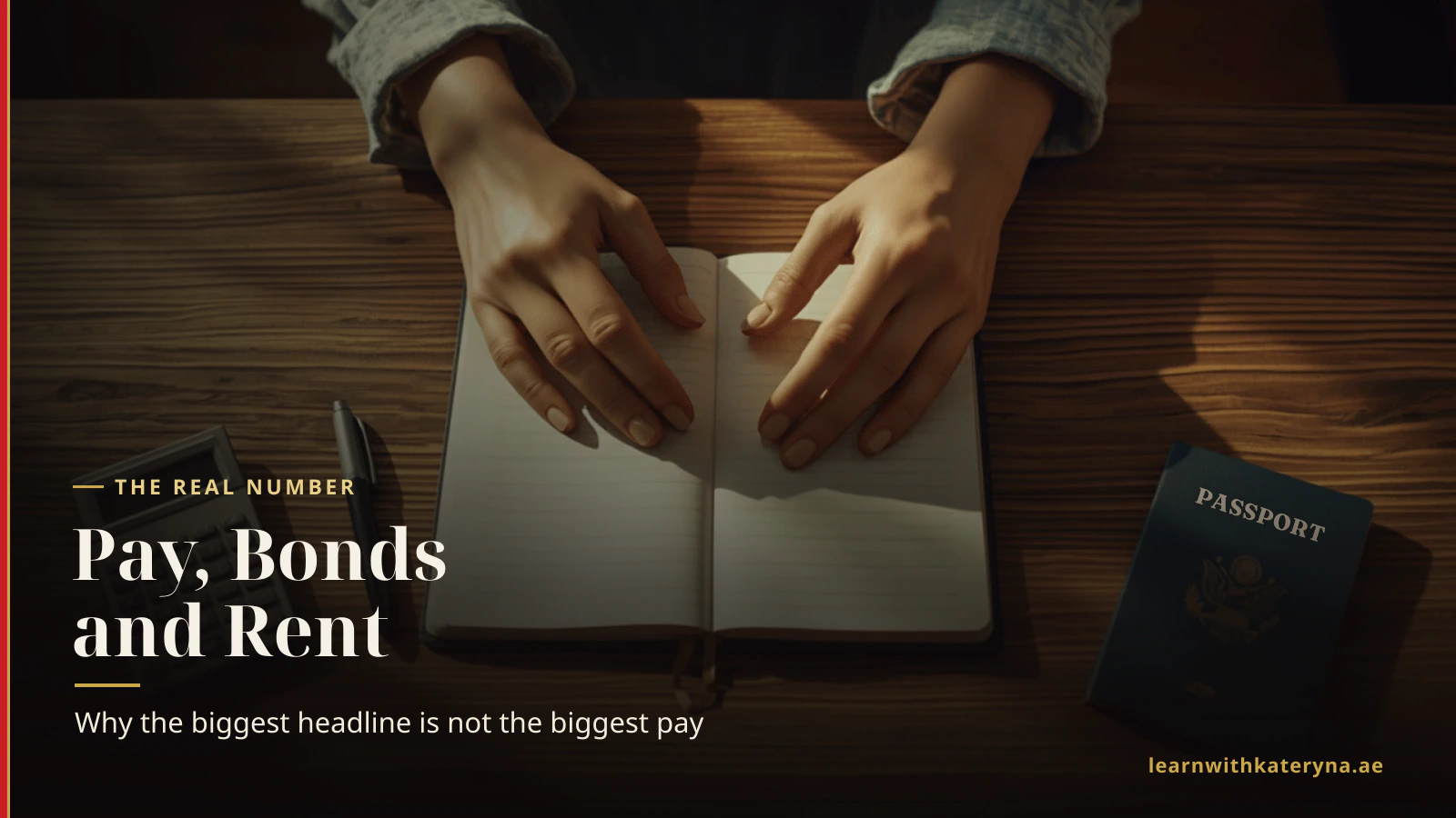 Hands at a desk with a notebook, calculator and passport — calculating real cabin crew pay after bonds and rent
