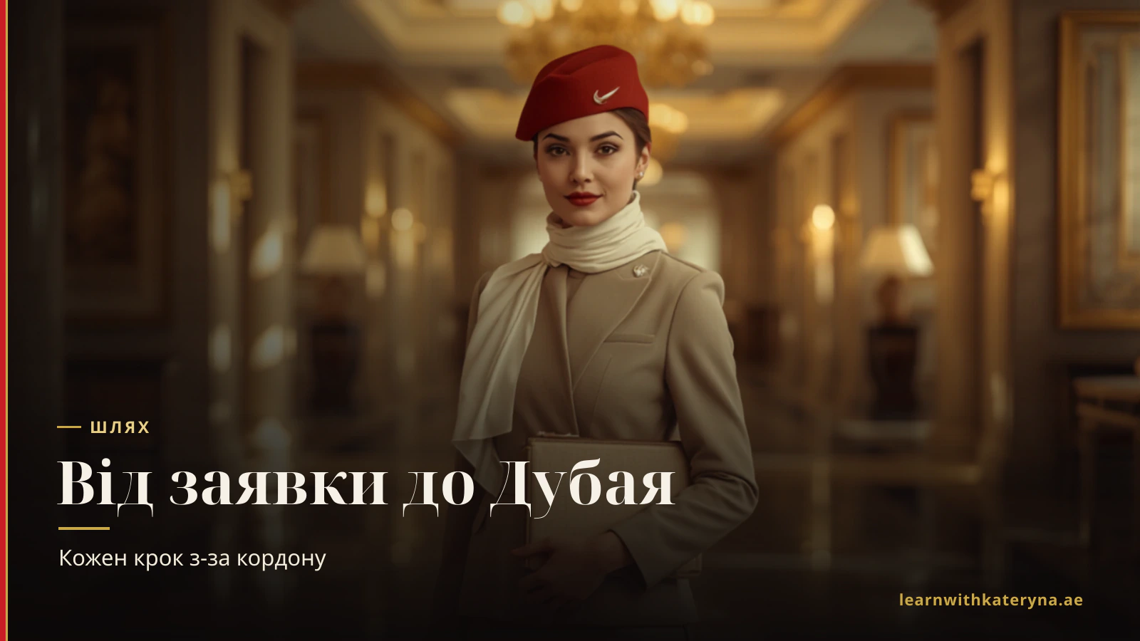 Шлях заявки бортпровідника Emirates з-за кордону — онлайн-заявка, open day або відбір, Golden Call, медогляд і віза, потім оплачуване навчання в Дубаї