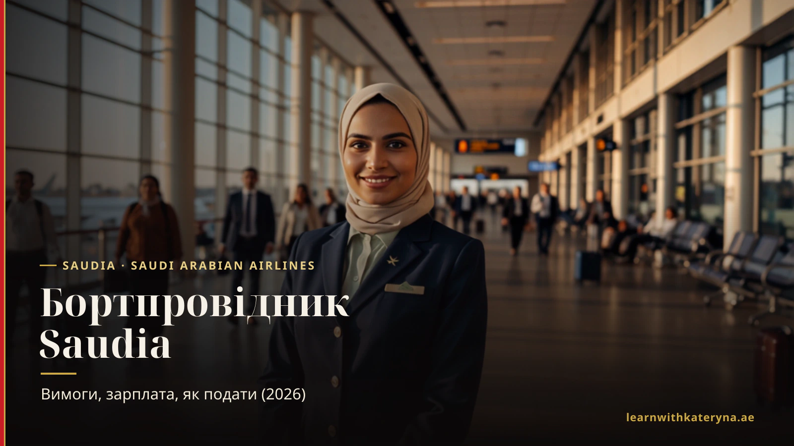 Бортпровідниця Saudia у темно-синій формі в терміналі аеропорту — як стати бортпровідником Saudia