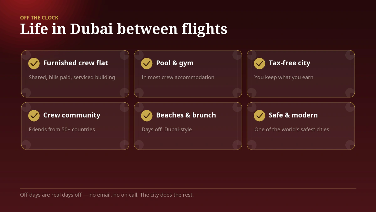Life in Dubai as Emirates cabin crew — furnished crew flat, pool and gym, tax-free city and a crew community from more than 50 nationalities