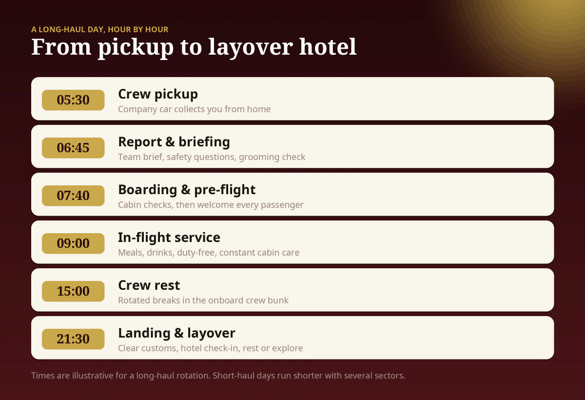 A day in the life of Emirates cabin crew — a long-haul timeline from 05:30 crew pickup through report and briefing, boarding, in-flight service, crew rest and the layover hotel