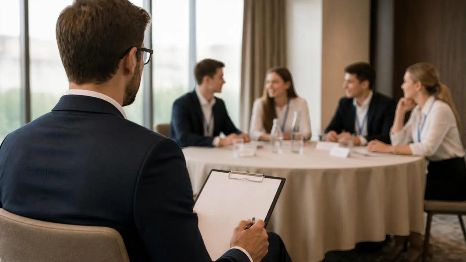 An assessor with a clipboard observing a group of cabin crew candidates in discussion at a conference table