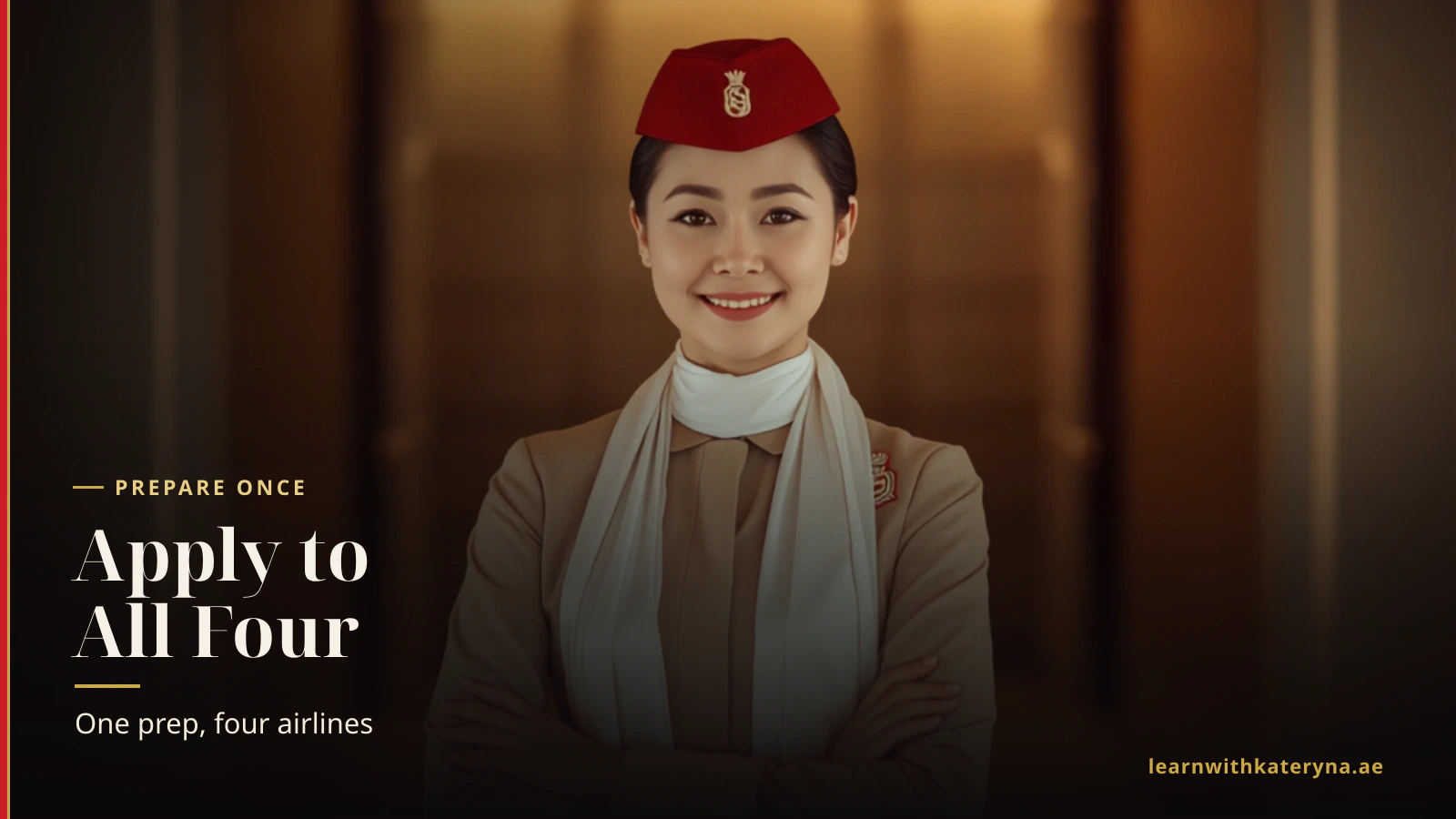Confident cabin crew candidate preparing for interviews across Emirates, Qatar, Etihad and Saudia