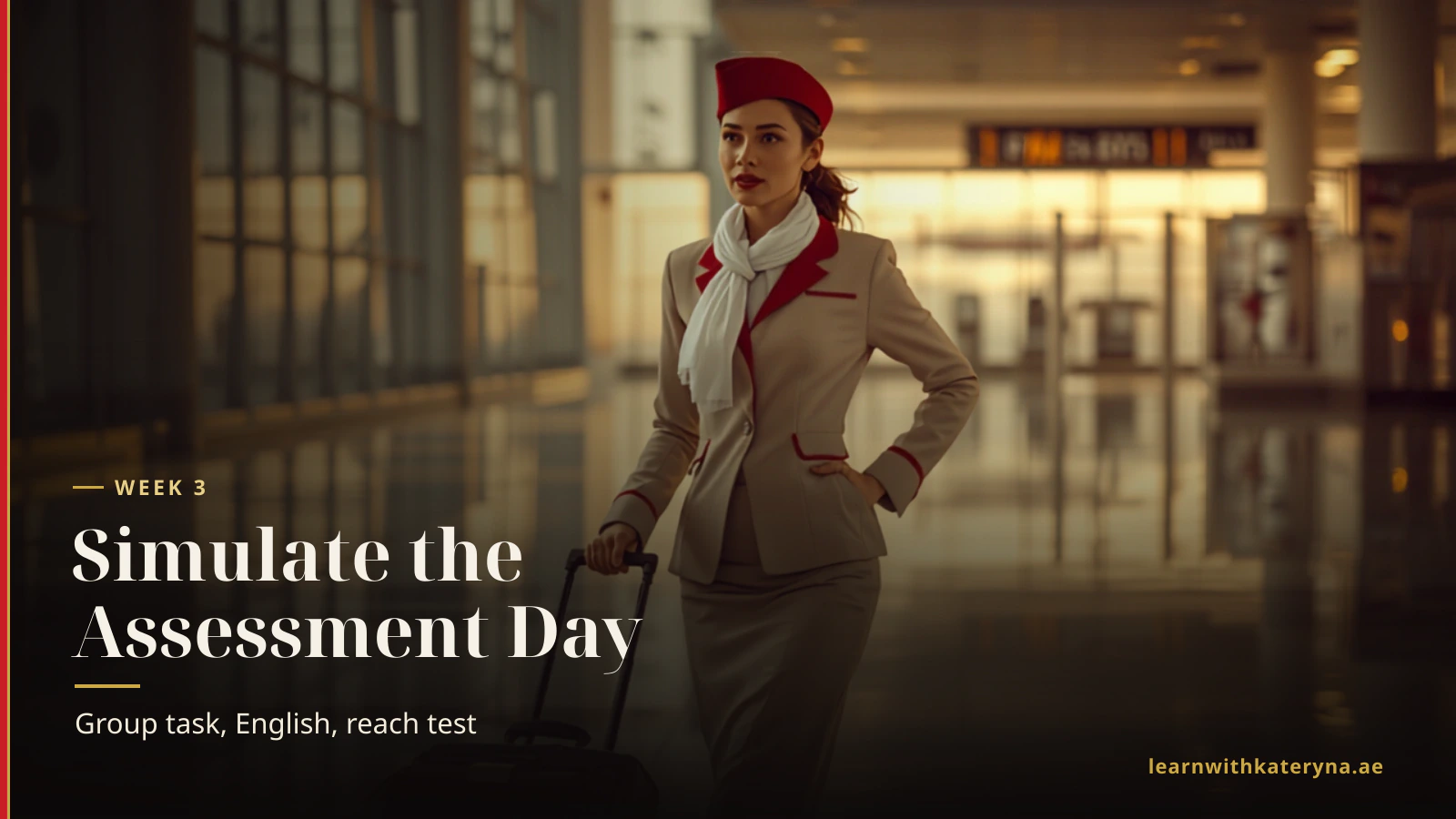 Emirates cabin crew member heading to the assessment day — week-three simulation