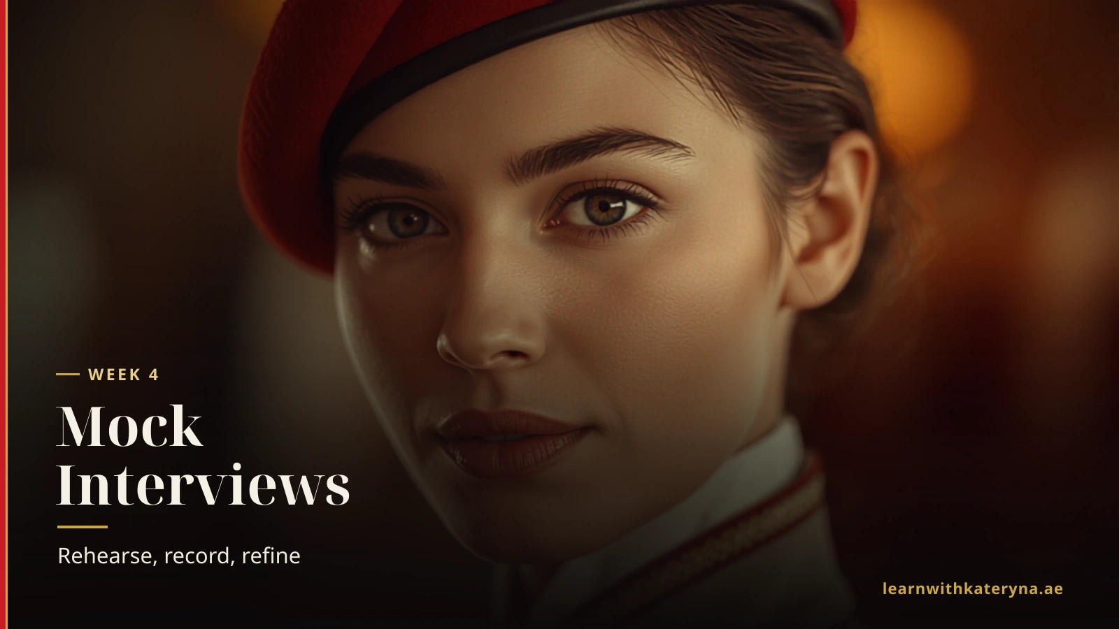 Confident Emirates cabin crew woman during a mock interview rehearsal in week four