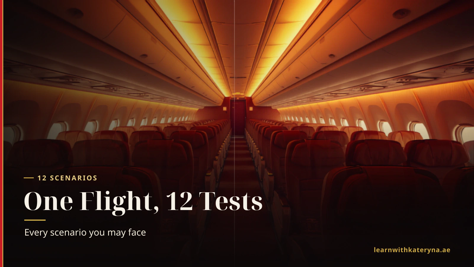 Wide interior view of the Emirates A380 cabin with warm amber lighting — the stage where the 12 role-play conversations unfold
