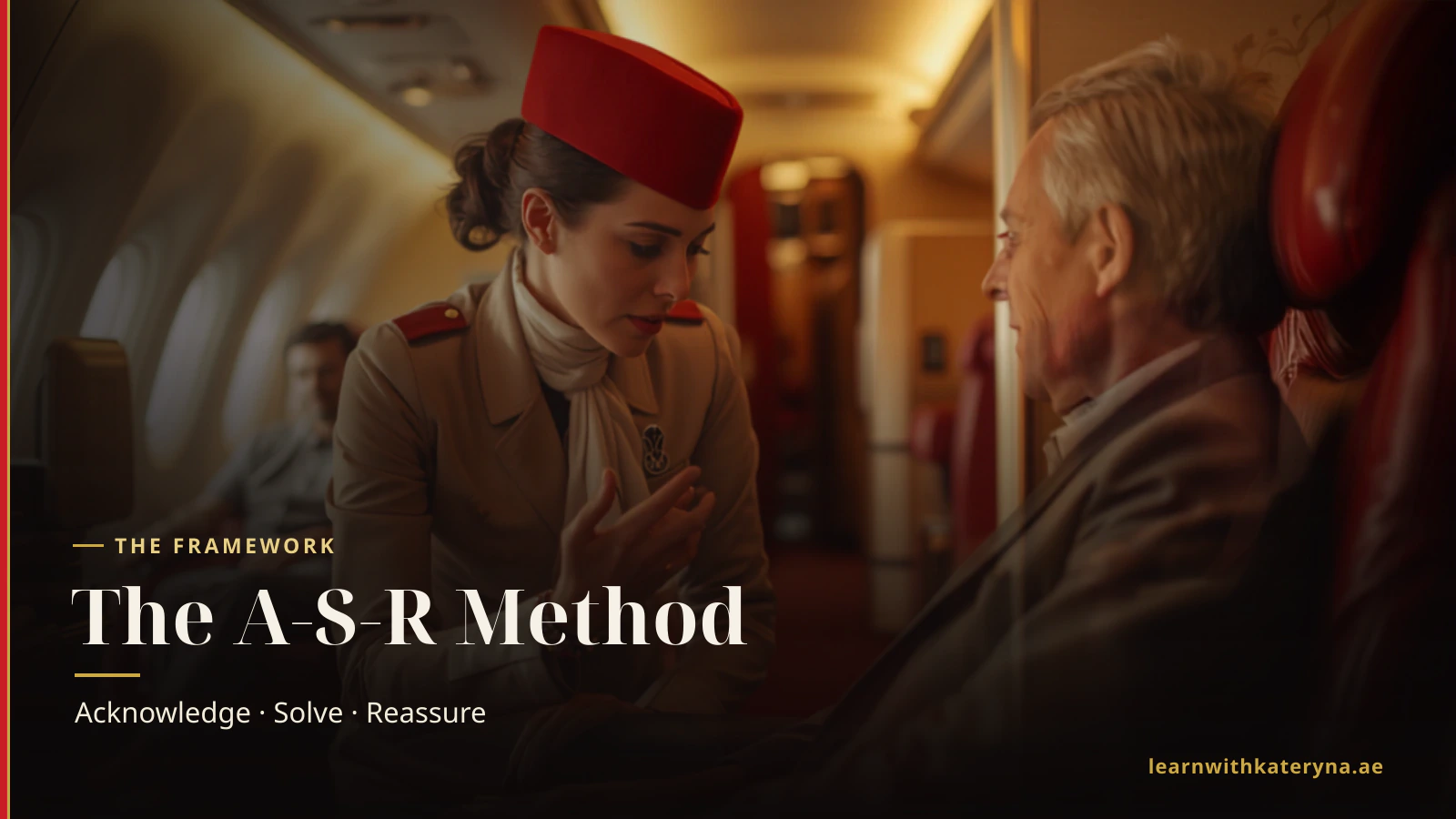 Emirates cabin crew woman in beige uniform kneeling to eye level with a business-class passenger — the Acknowledge step of the A-S-R framework