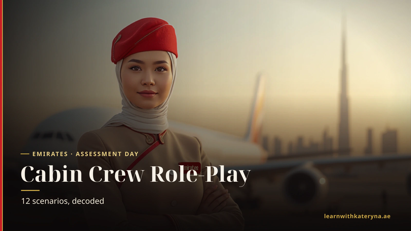 Emirates cabin crew woman in beige uniform and red hat standing in front of an A380 in Dubai with Burj Khalifa in the background