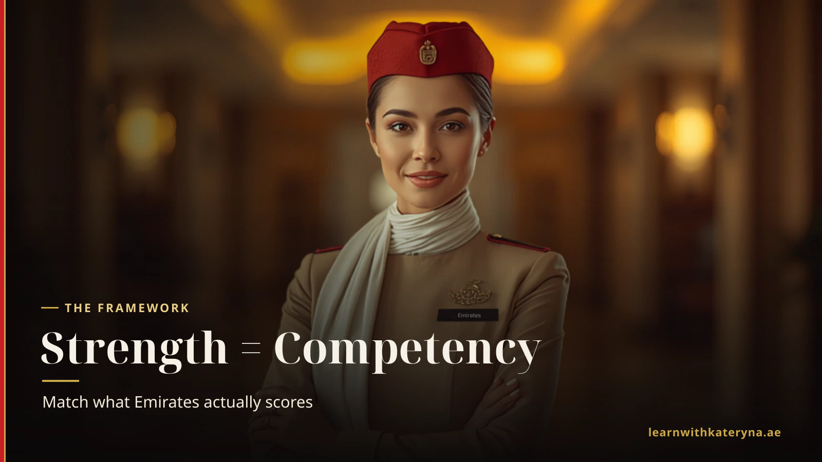 Confident Emirates cabin crew woman in beige uniform — strengths that match crew competencies