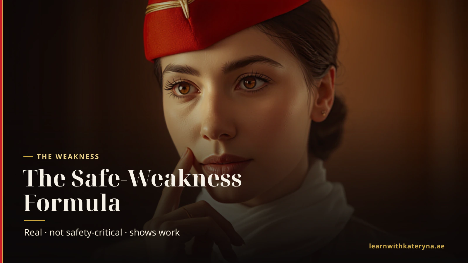 Emirates cabin crew woman in a moment of honest self-reflection — how to answer the weakness question