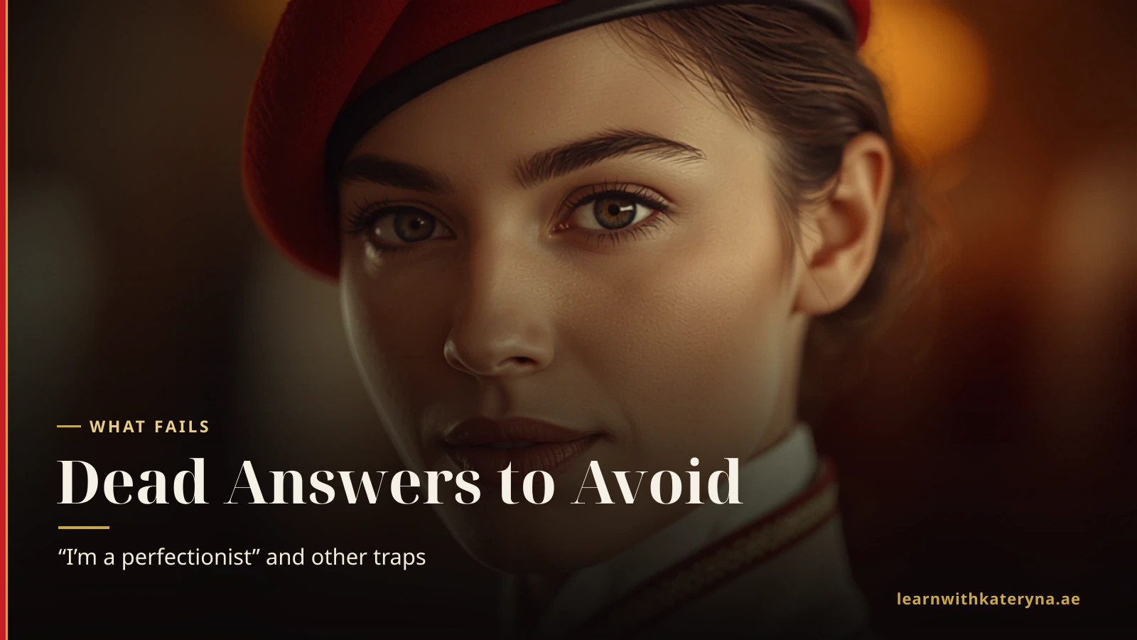 Close portrait of an attentive Emirates cabin crew member — what the recruiter reads behind your strengths and weaknesses answer