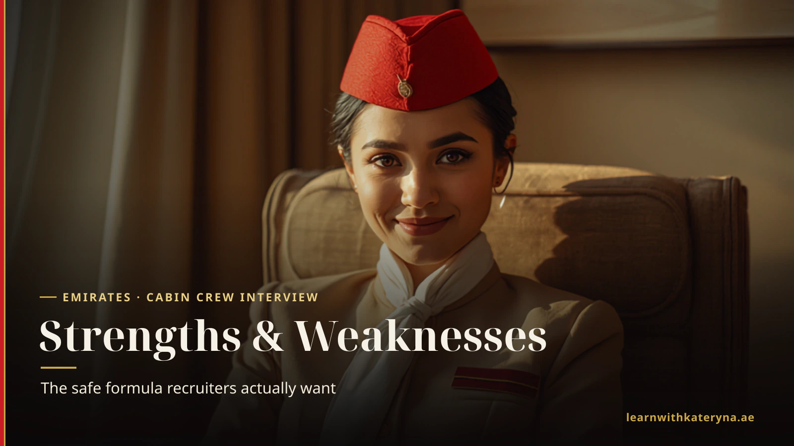 Emirates cabin crew woman in beige uniform smiling by a window — answering the strengths and weaknesses question
