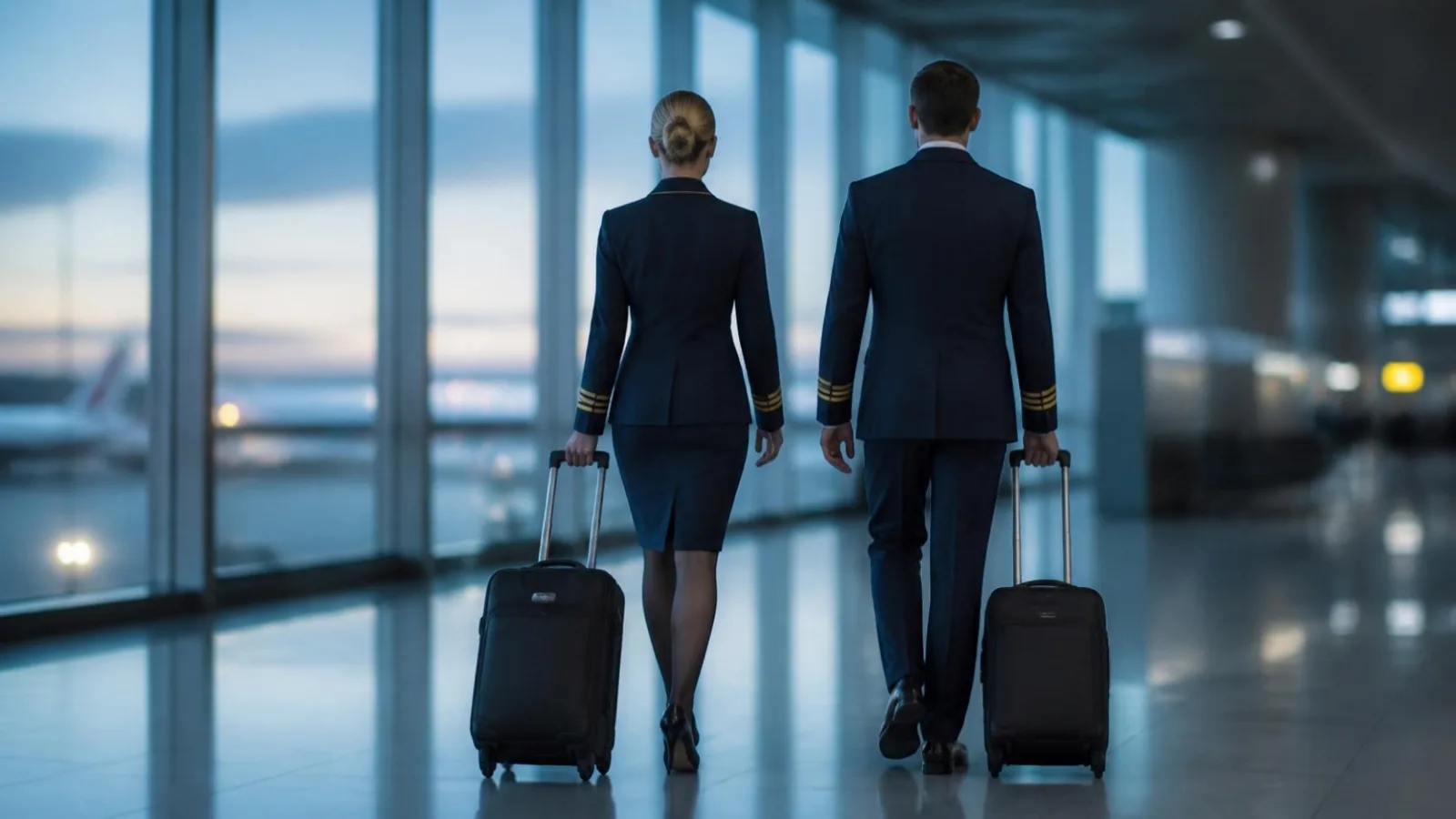 Airline crew walking through an airport terminal with wheeled suitcases at dawn — the difference between duty hours and block hours