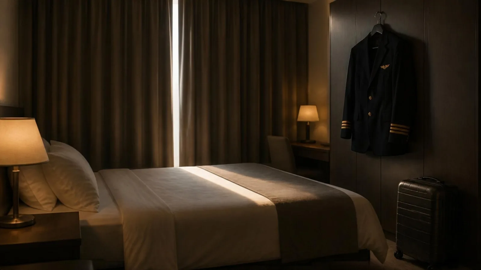 A hotel room with curtains drawn and a uniform hanging on the wardrobe door — minimum rest periods for cabin crew
