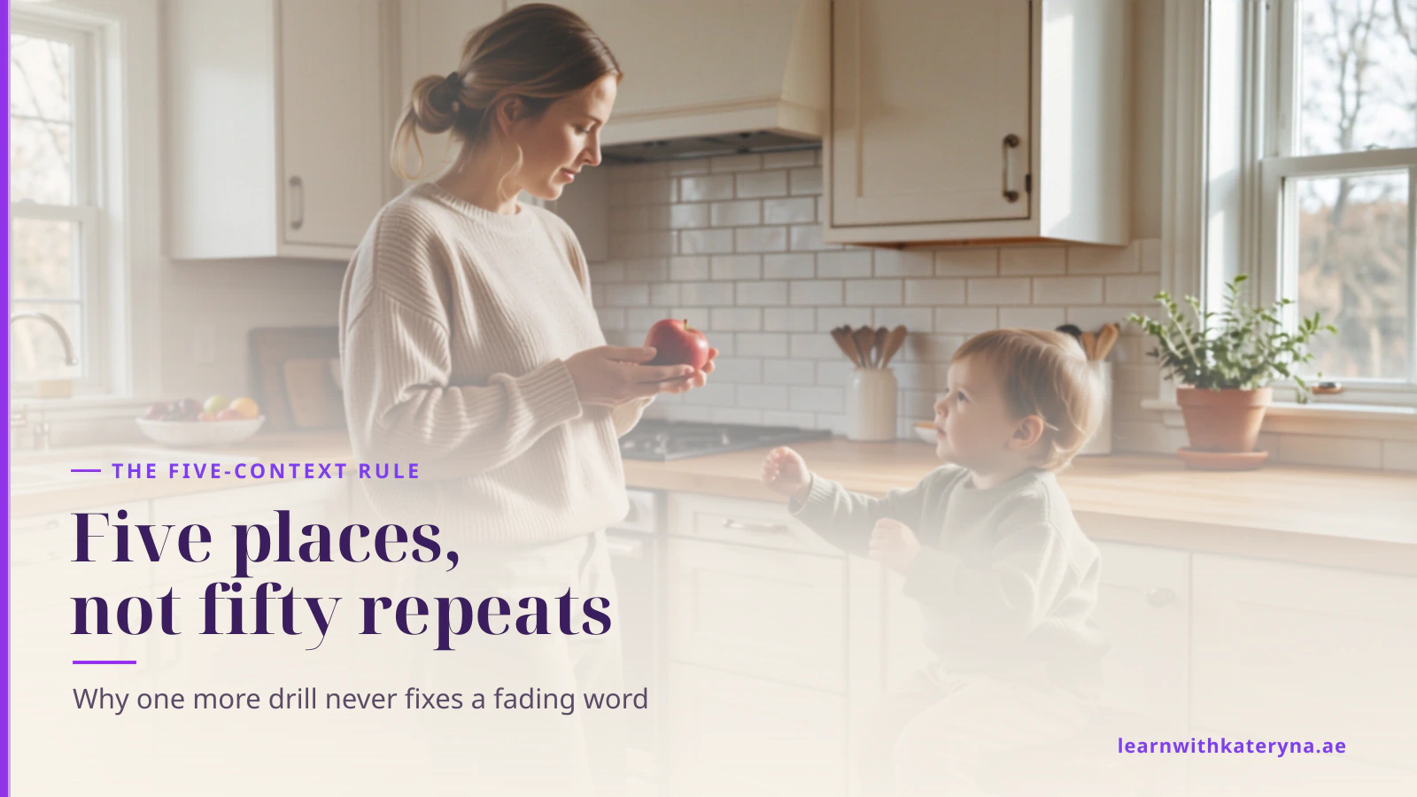 Mother in a bright kitchen holding a red apple while her toddler on a step stool reaches for it and speaks