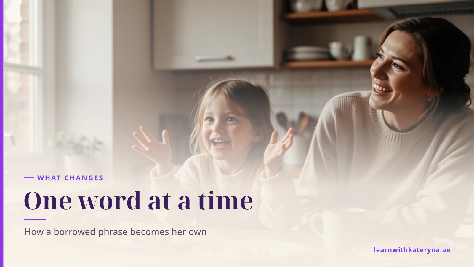A child at a kitchen table tells their mother something with both hands raised while she listens and laughs