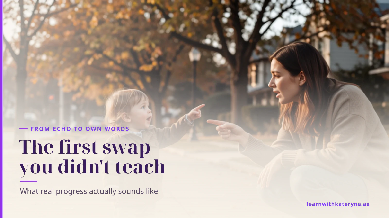 A child on a pavement points at something while speaking and their mother, crouched beside them, points back and answers
