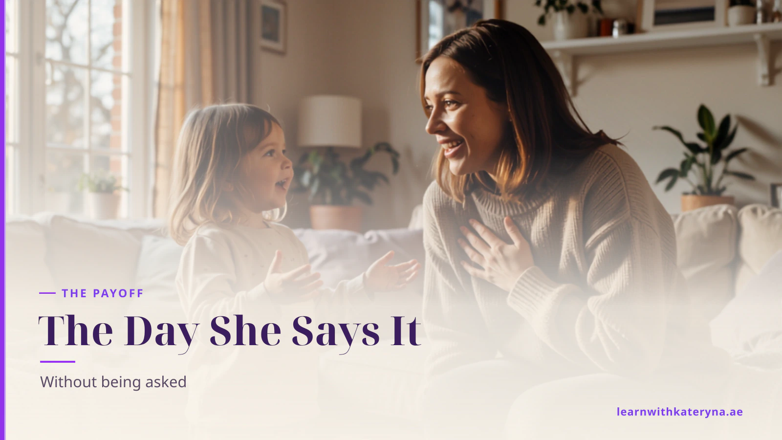 Preschool girl talking animatedly to her delighted mother, speaking English unprompted