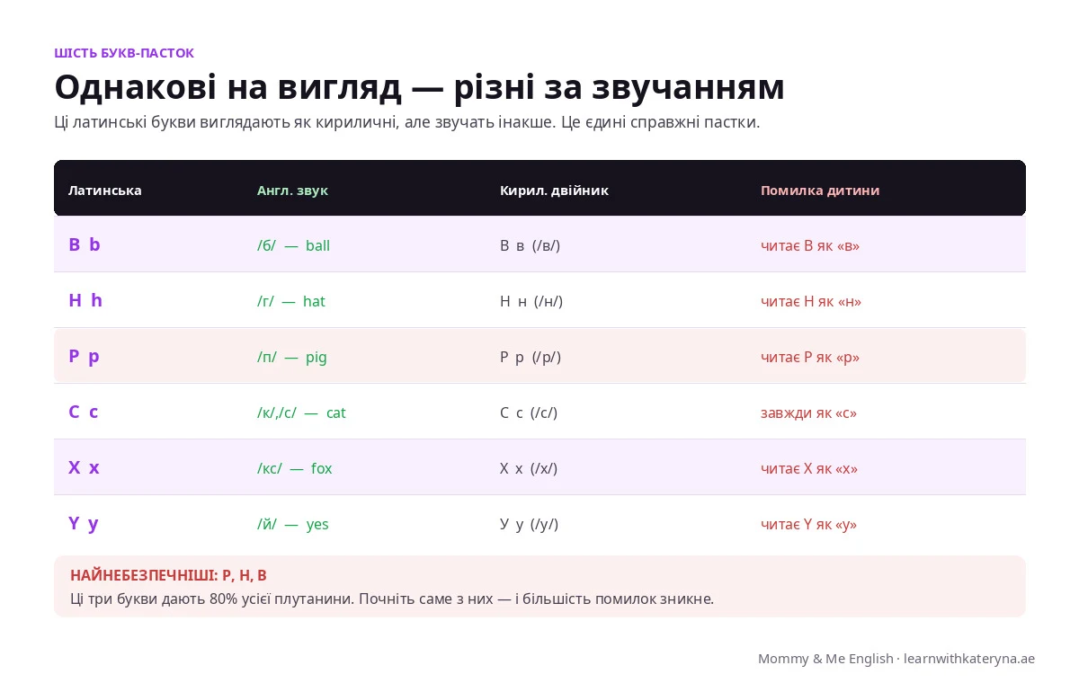 6 English trap letters B H P C X Y that look like Ukrainian В Н Р С Х У but sound different — table