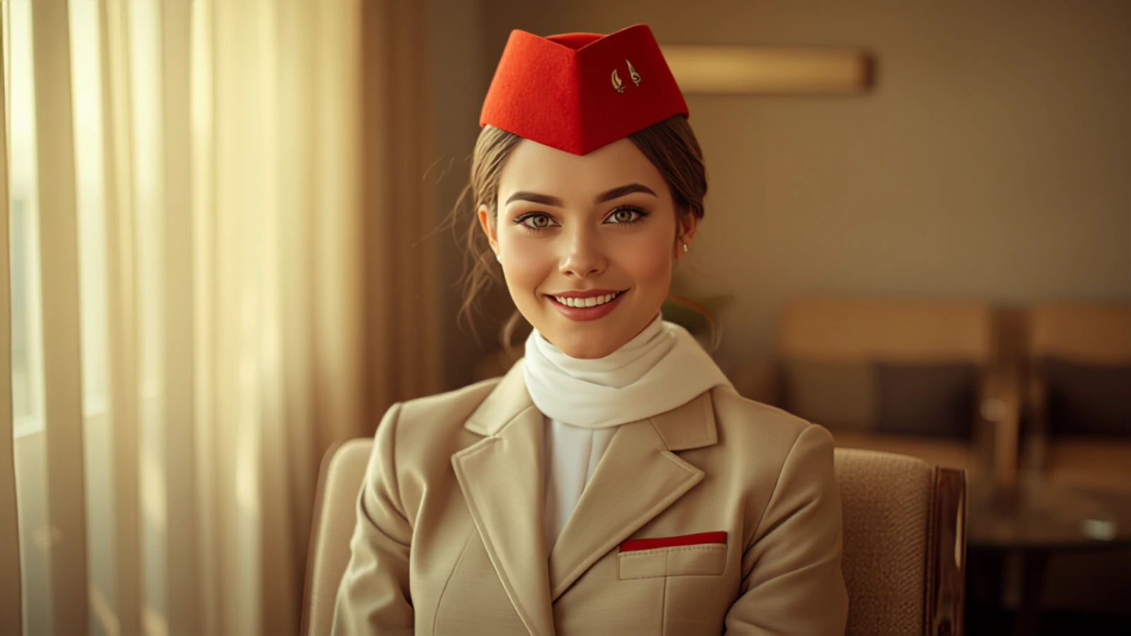 Молода бортпровідниця Emirates у беж-червоній формі усміхається в теплому інтер'єрі — відповідь на питання чому ти хочеш стати бортпровідницею