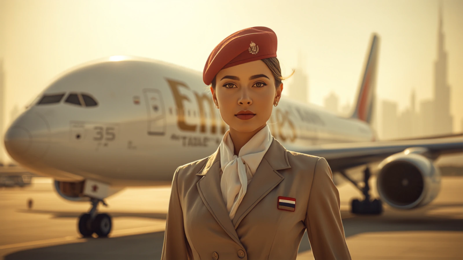 Бортпровідниця Emirates перед лайнером A380 на тлі Дубаю — чому саме Emirates