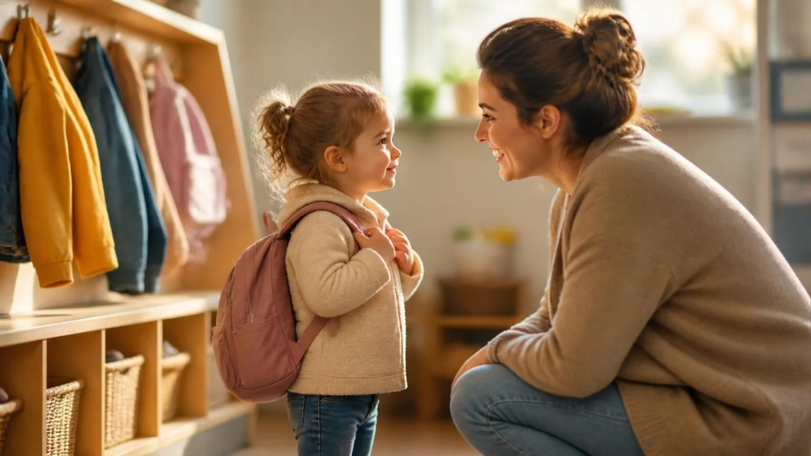 Parent crouching to say goodbye to a toddler holding a backpack in a nursery cloakroom — settling in at a Dubai nursery