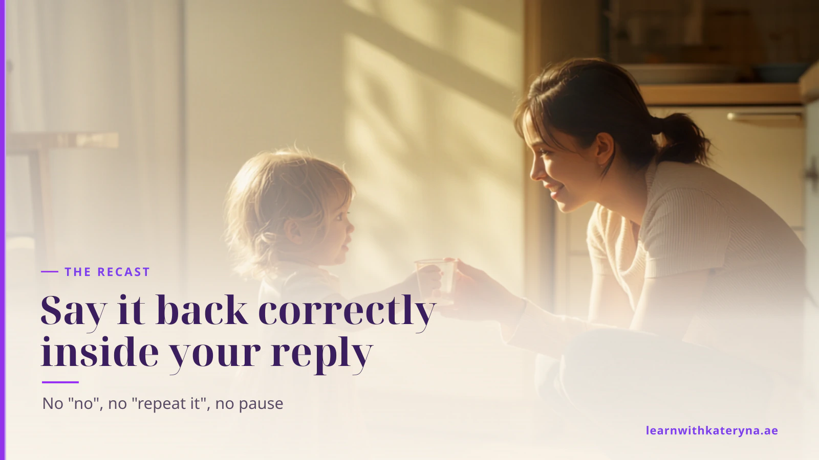 A mother takes a cup from her small child and answers as they talk in a sunlit kitchen