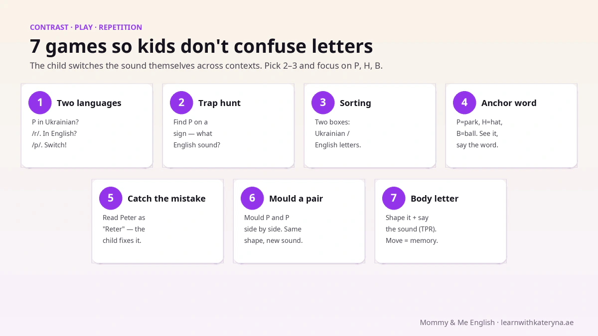 7 games so a child doesn't confuse English and Ukrainian look-alike letters — contrast pairs, hunt, sorting