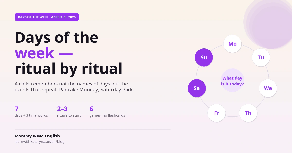 Days of the week in English for kids — the day-equals-ritual method, pronunciation and games, 2026 guide
