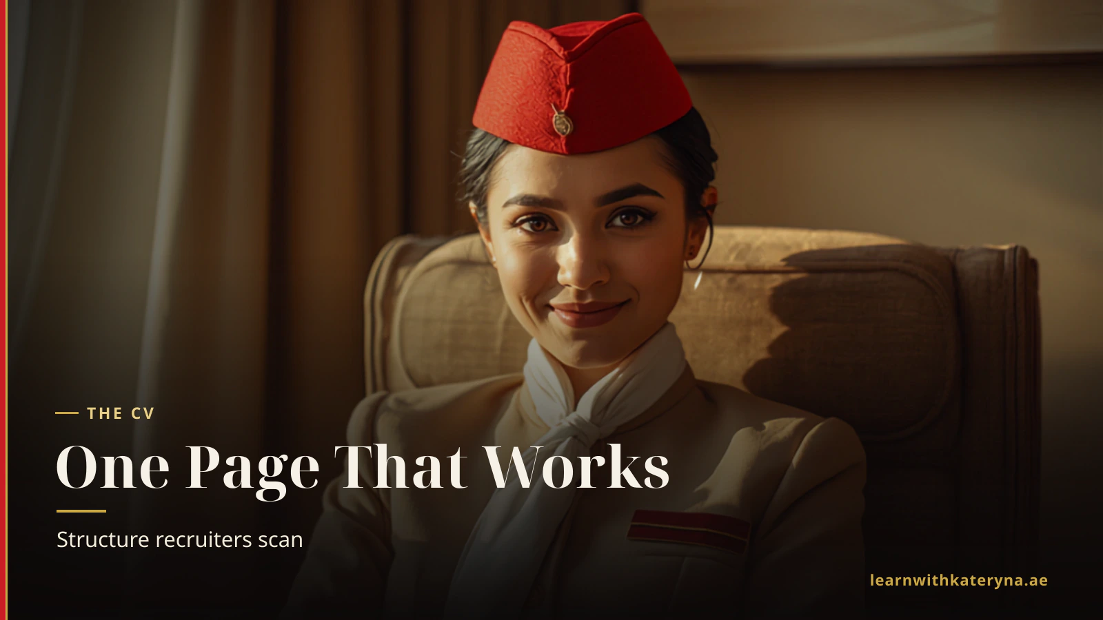 Emirates cabin crew CV structure — 7 blocks on one page: contacts, profile, experience, education, languages, skills