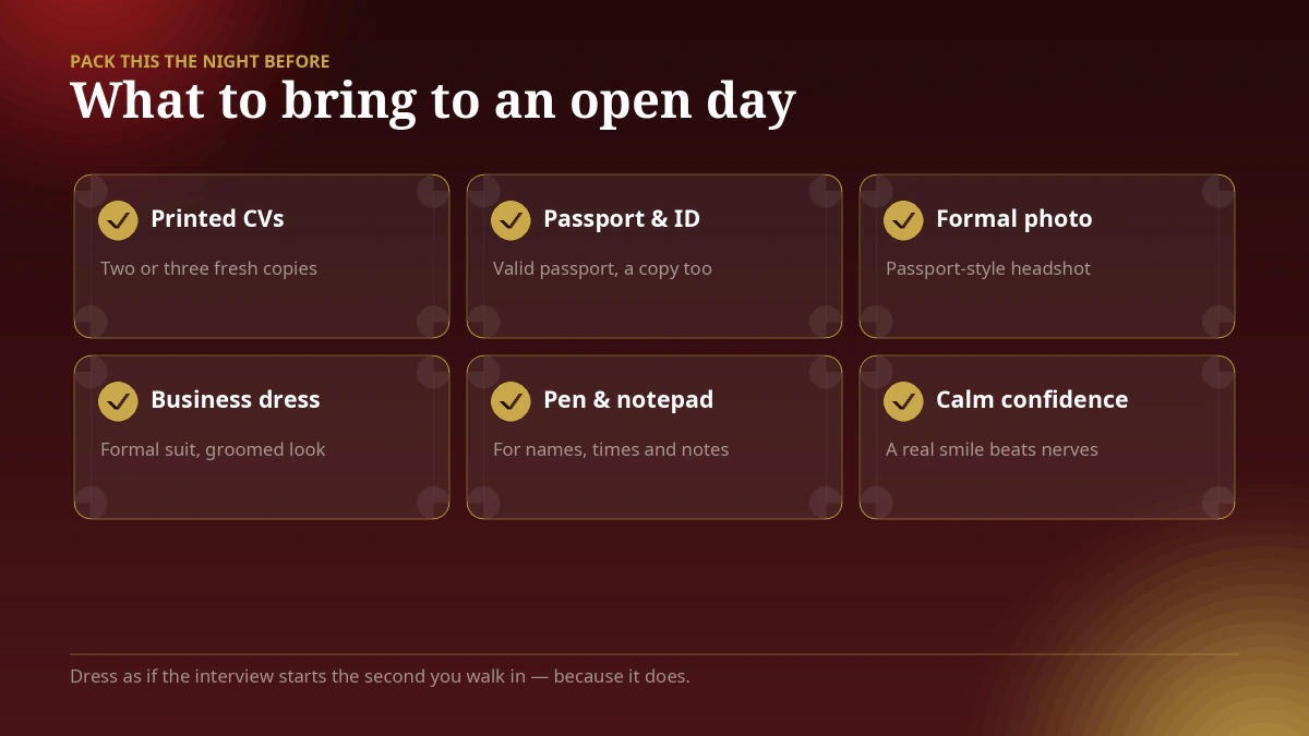 Що взяти на open day Emirates — роздруковані резюме, паспорт і посвідчення, формальне фото на паспорт, діловий одяг, ручка й блокнот