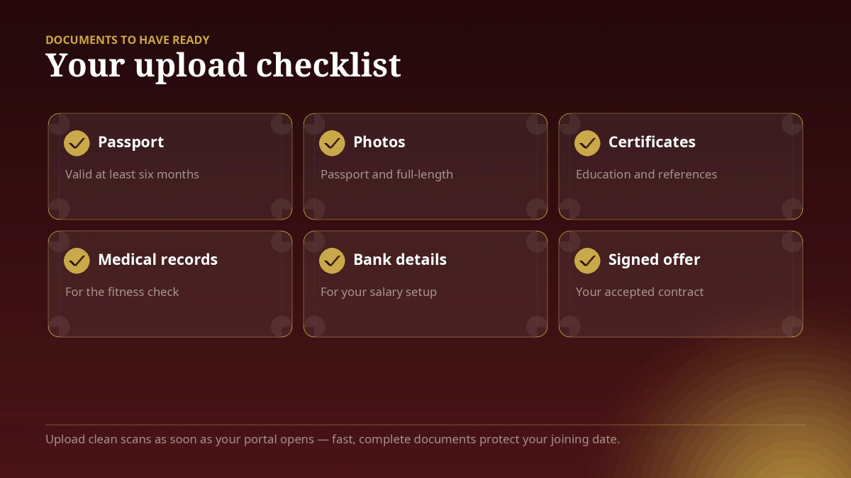 Emirates golden call document checklist — passport, photos, certificates, medical records, bank details and signed offer to upload to the onboarding portal