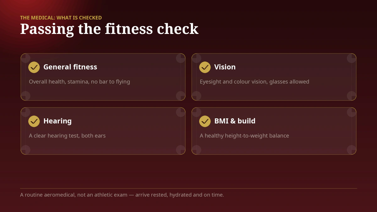 Emirates cabin crew medical — what is checked: general fitness, vision, colour vision, hearing and a healthy BMI