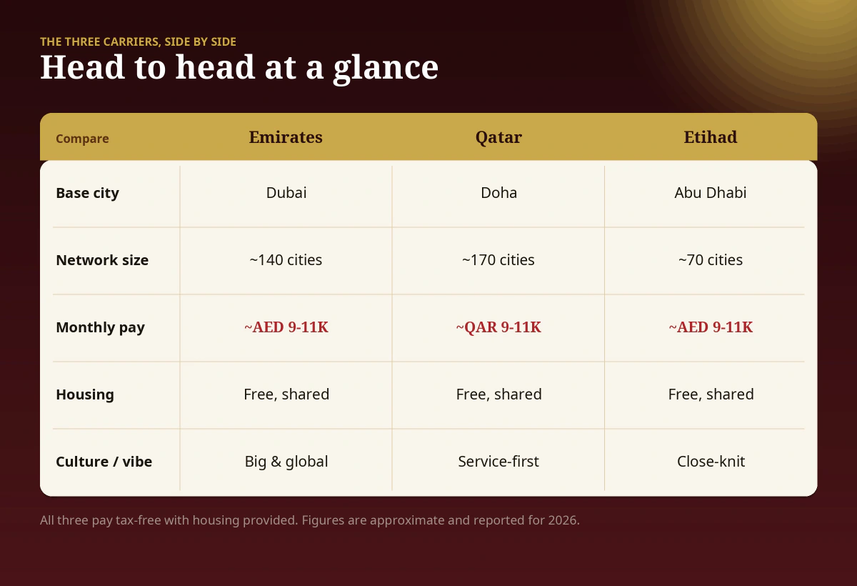 Emirates vs Qatar vs Etihad cabin crew compared — a head-to-head table of base city, network size, monthly pay, housing and culture for the three Gulf airlines