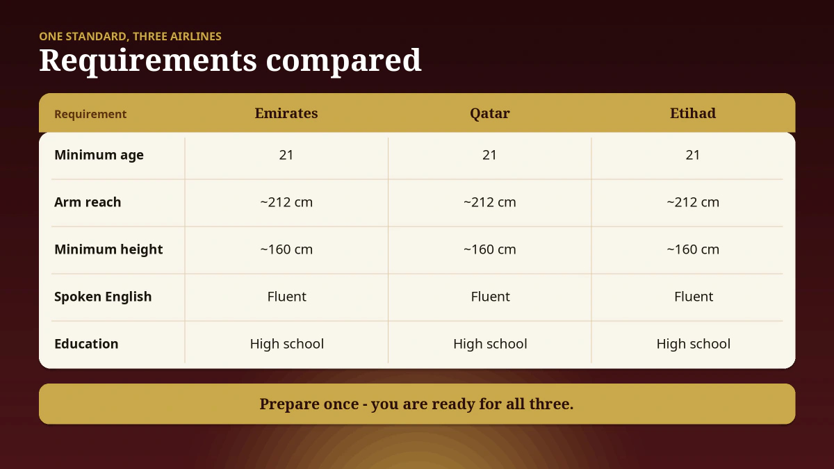 Cabin crew requirements compared — minimum age, arm reach, height, spoken English and education are the same across Emirates, Qatar Airways and Etihad