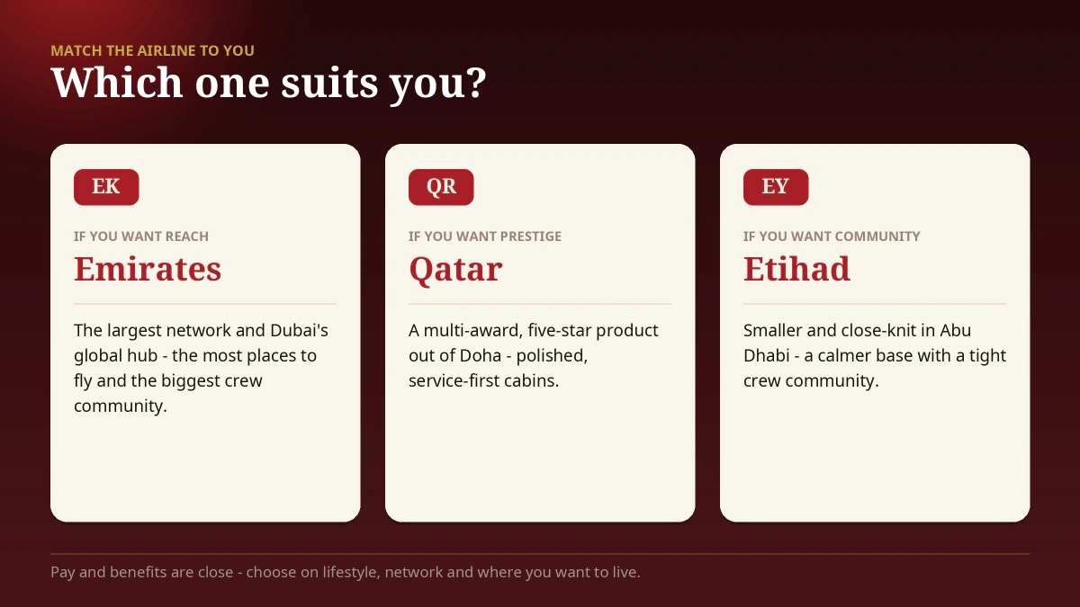 Which Gulf airline suits you — decision cards showing Emirates for network reach, Qatar for service prestige and Etihad for a close-knit community