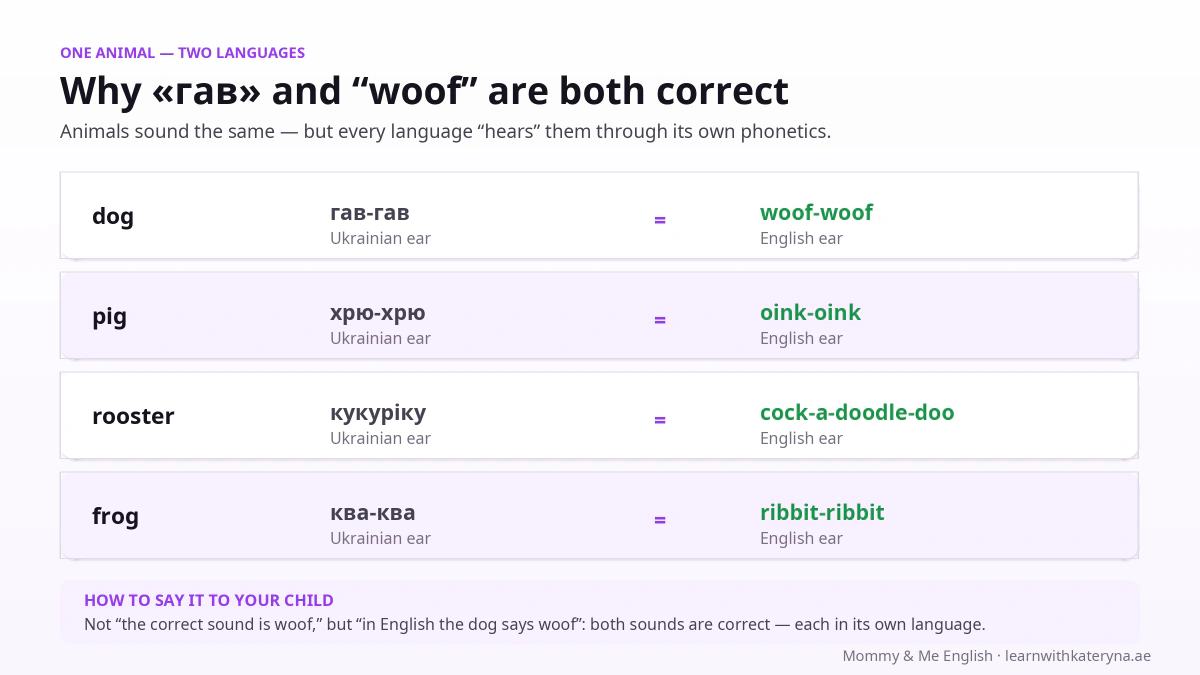 Animal sounds compared across Ukrainian and English — hav/woof, khriu/oink, kukuriku/cock-a-doodle-doo: one animal, two languages