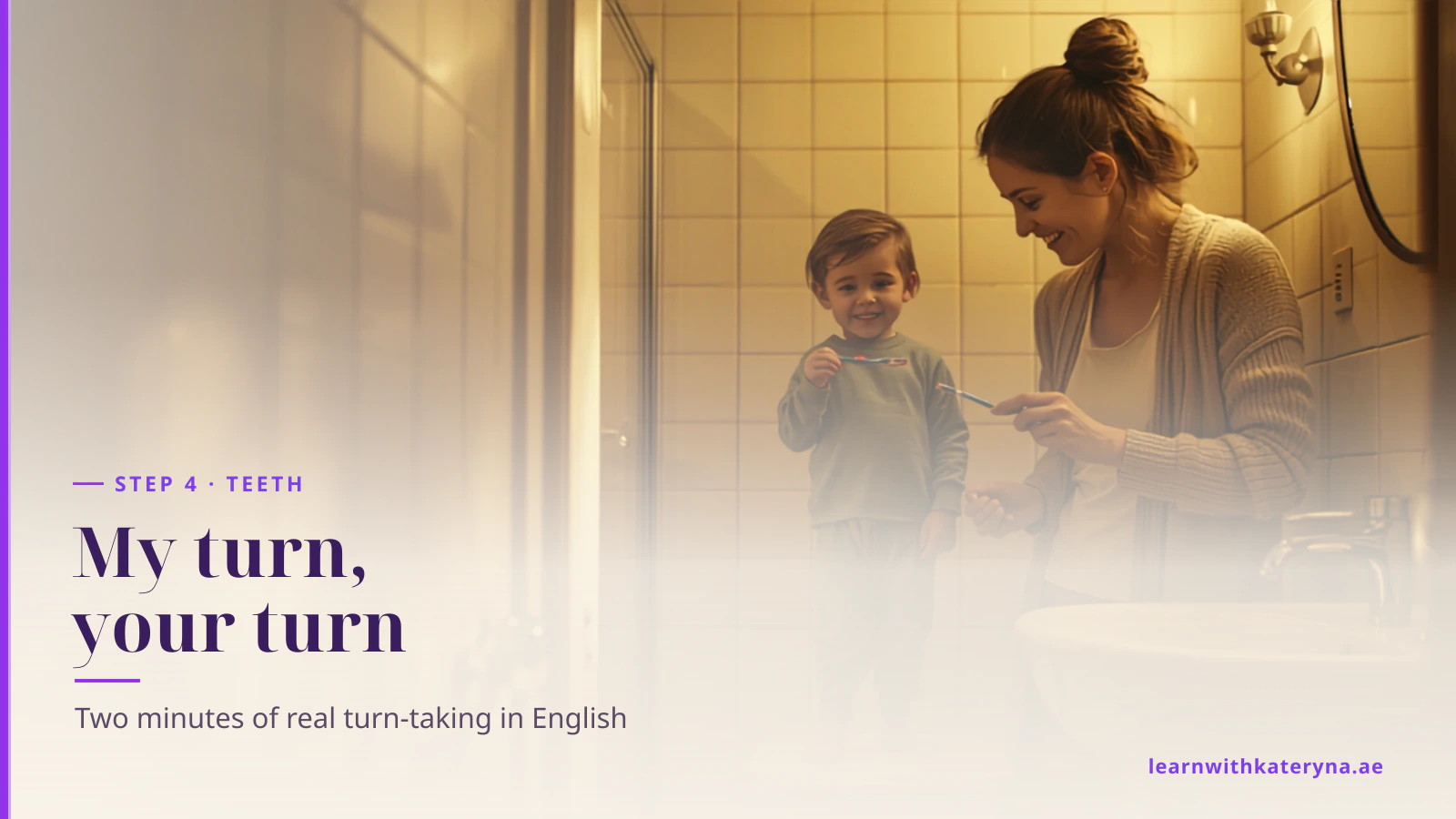 A smiling toddler in pyjamas stands on a small step stool holding a toothbrush while his mother brushes alongside him at the bathroom sink