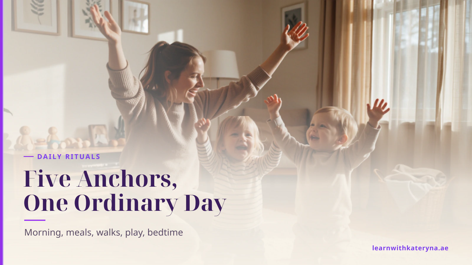 Mother and two young children doing an English action song with arms raised in the living room