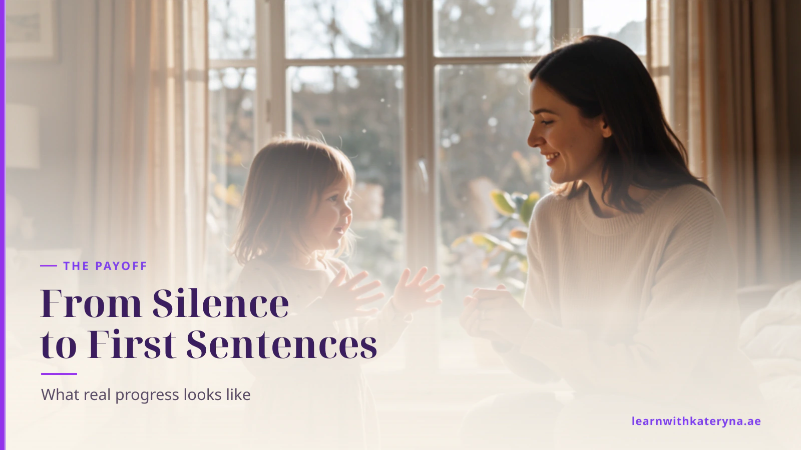 Preschool girl talking confidently in English while her mother listens at eye level in golden afternoon light