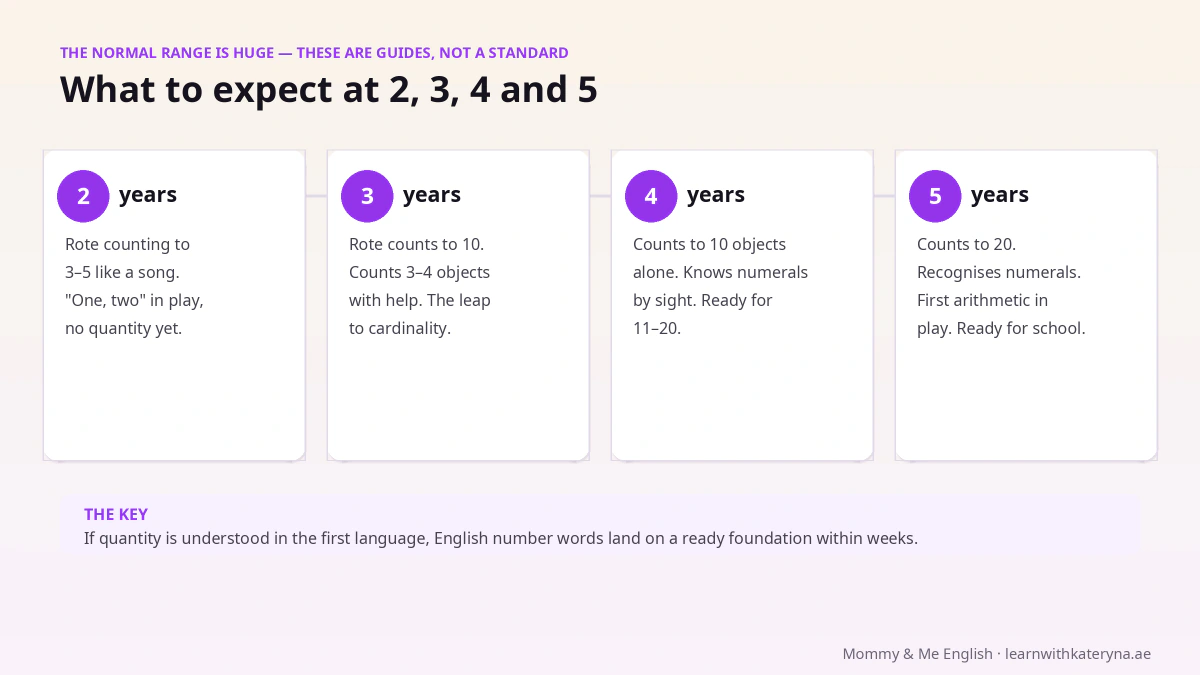 What to expect at ages 2, 3, 4 and 5 when learning English numbers — developmental stages from rote counting to twenty