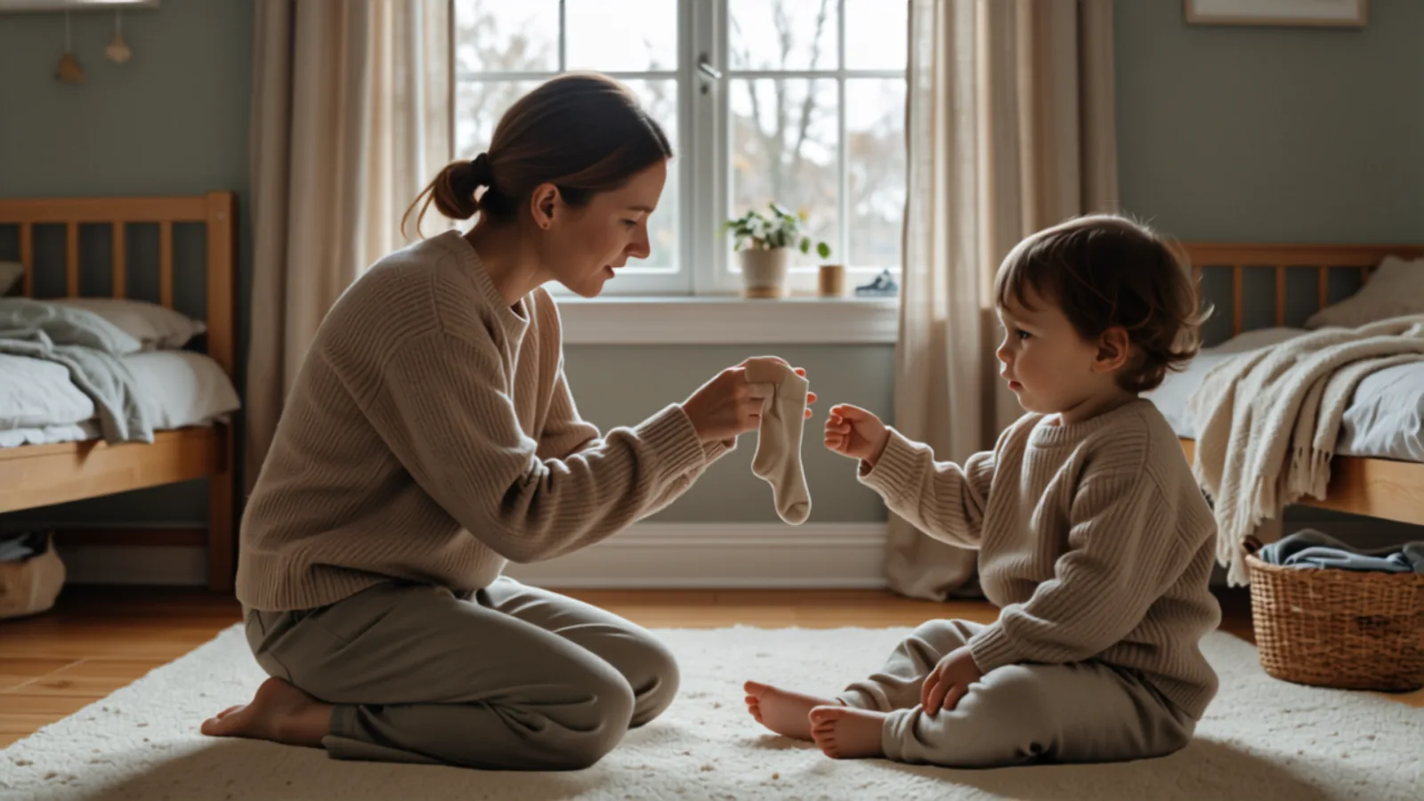 Mother holding up a sock and naming it in English while her toddler watches her mouth attentively