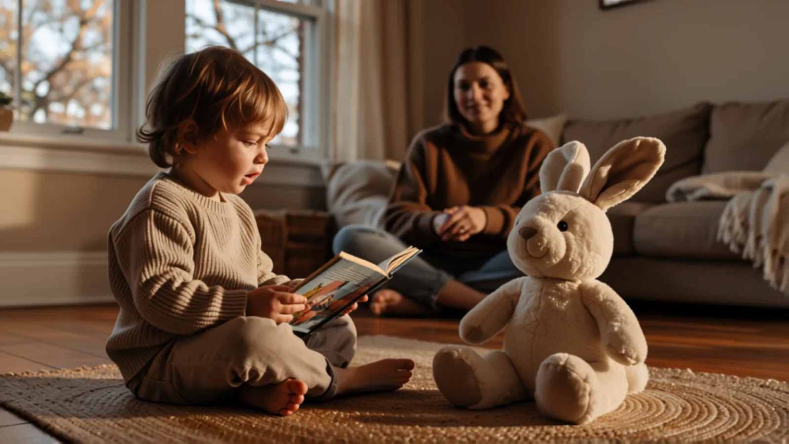 Young child reading a picture book aloud to a stuffed rabbit while their mother watches from behind