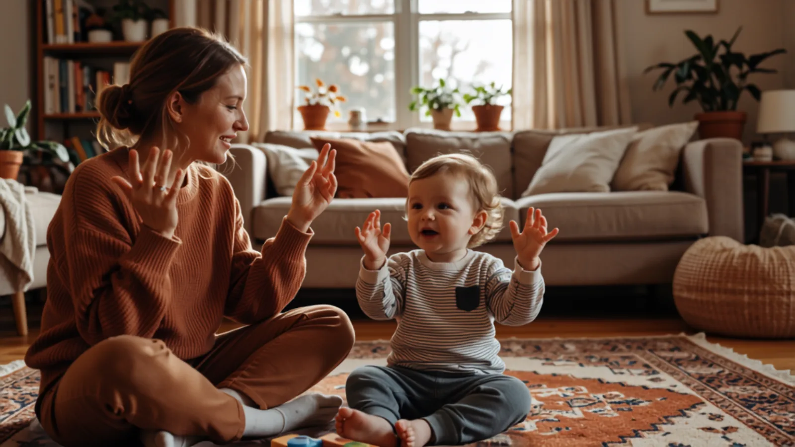 Mother and toddler singing a nursery rhyme together on the living room rug with hand actions
