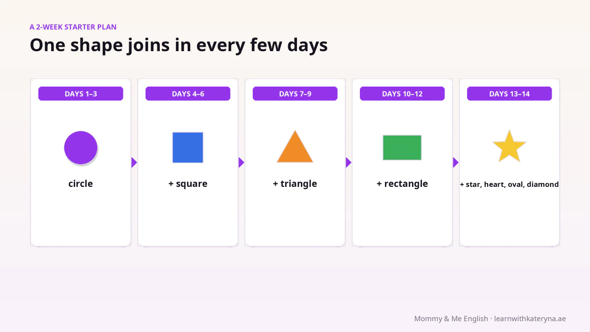A 2-week starter plan for teaching shapes in English — one shape added every few days, from circle to the full set of eight